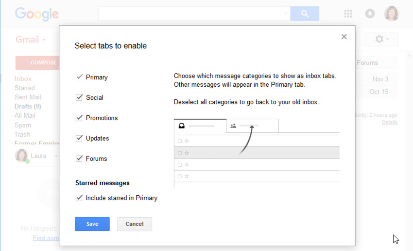 Enable or disable Gmail inbox tabs