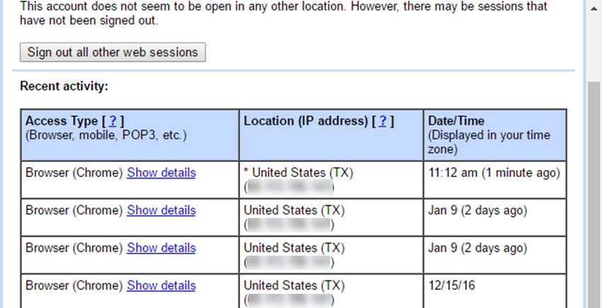 Gmail account activity details